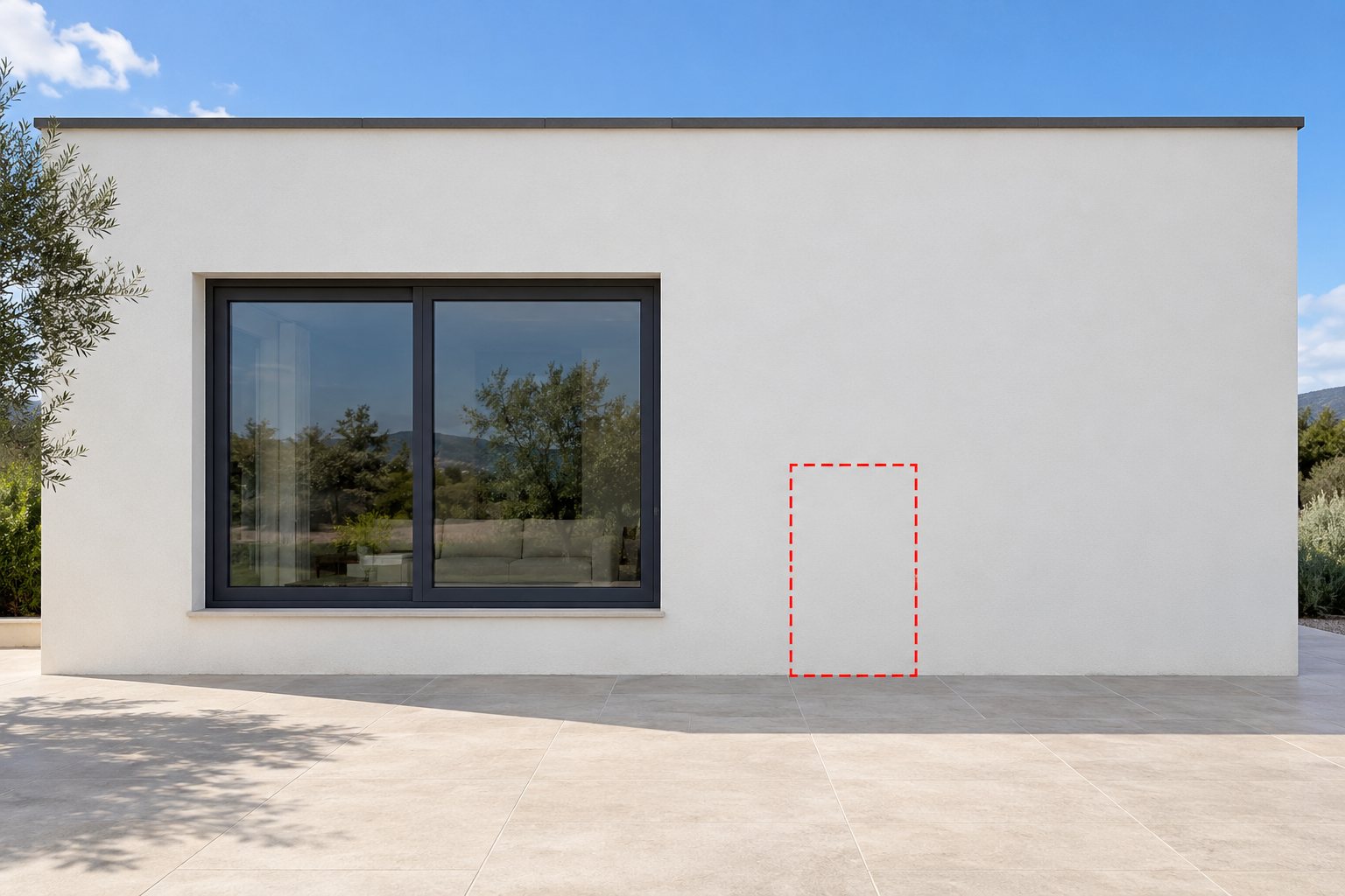 Fachada moderna con un recuadro rojo en la misma pared vista desde fuera
