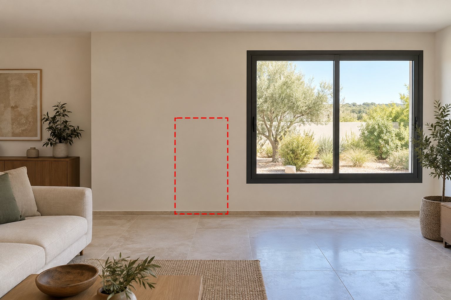 Salón moderno con un recuadro rojo que señala dónde iría la estufa